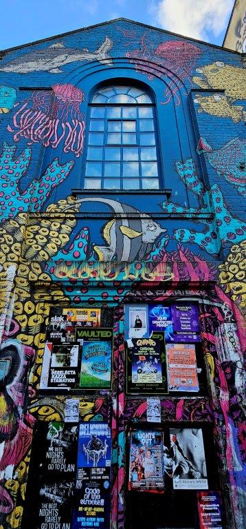 Mural by Alexandra Lucas of jellyfish, fish and coral around a tall arched window, with gig posters below