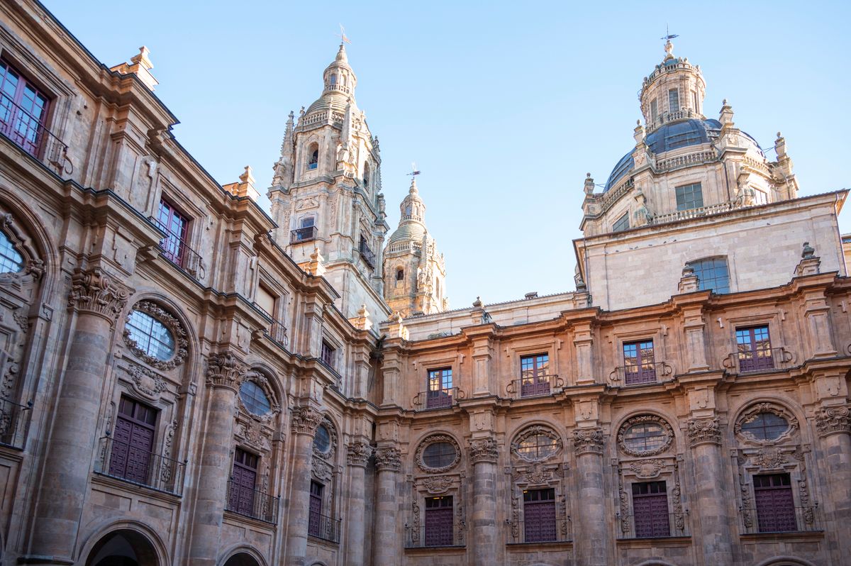 Baroque towers rising above a university courtyard in Salamanca