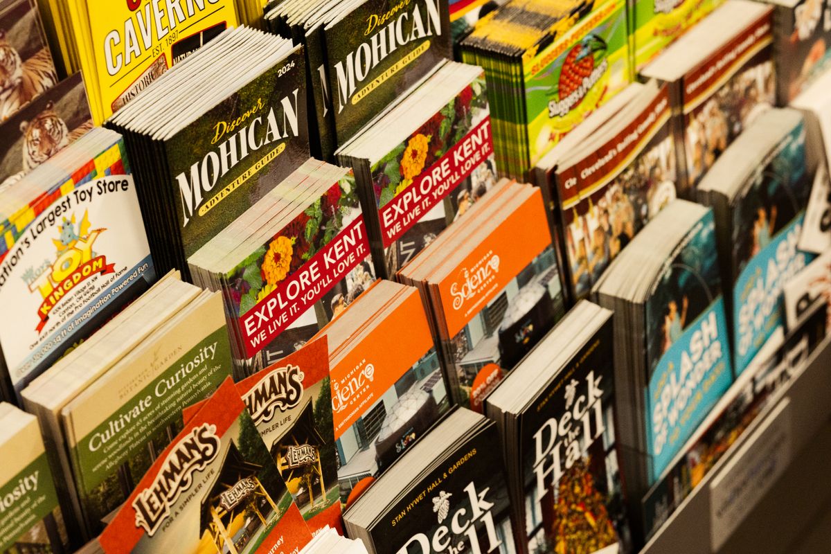 Rows of colourful travel guidebooks on display